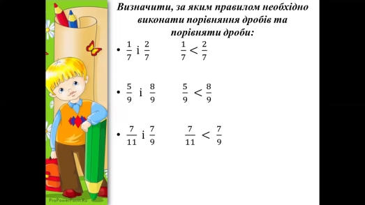 Математика 5 клас. Урок № 4 Порівняння звичайних дробів з однаковими  знаменниками